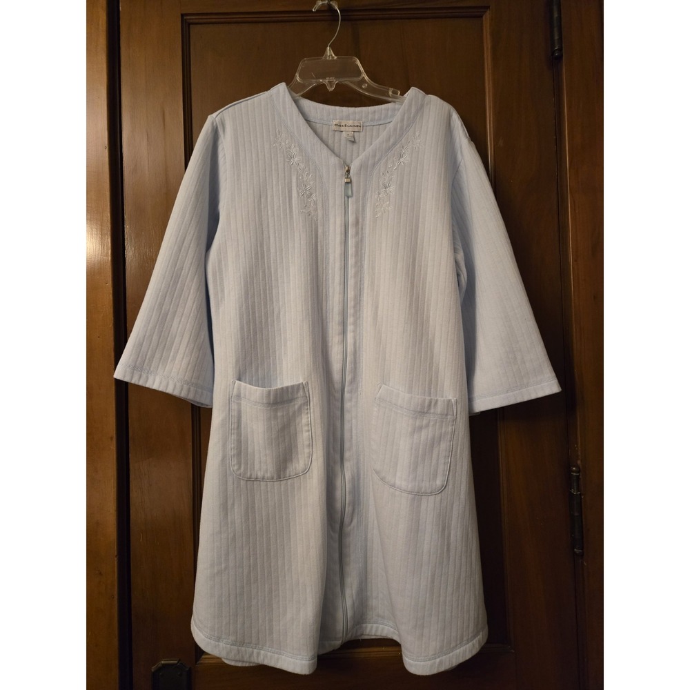 Miss Elaine Women's Size Med 3/4 Sleeve Zip Robe Quilt In Knit Light Blue EUC